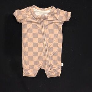 Forever French Shortie Bamboo Zip Romper in Faded Brown Checker, Size NB